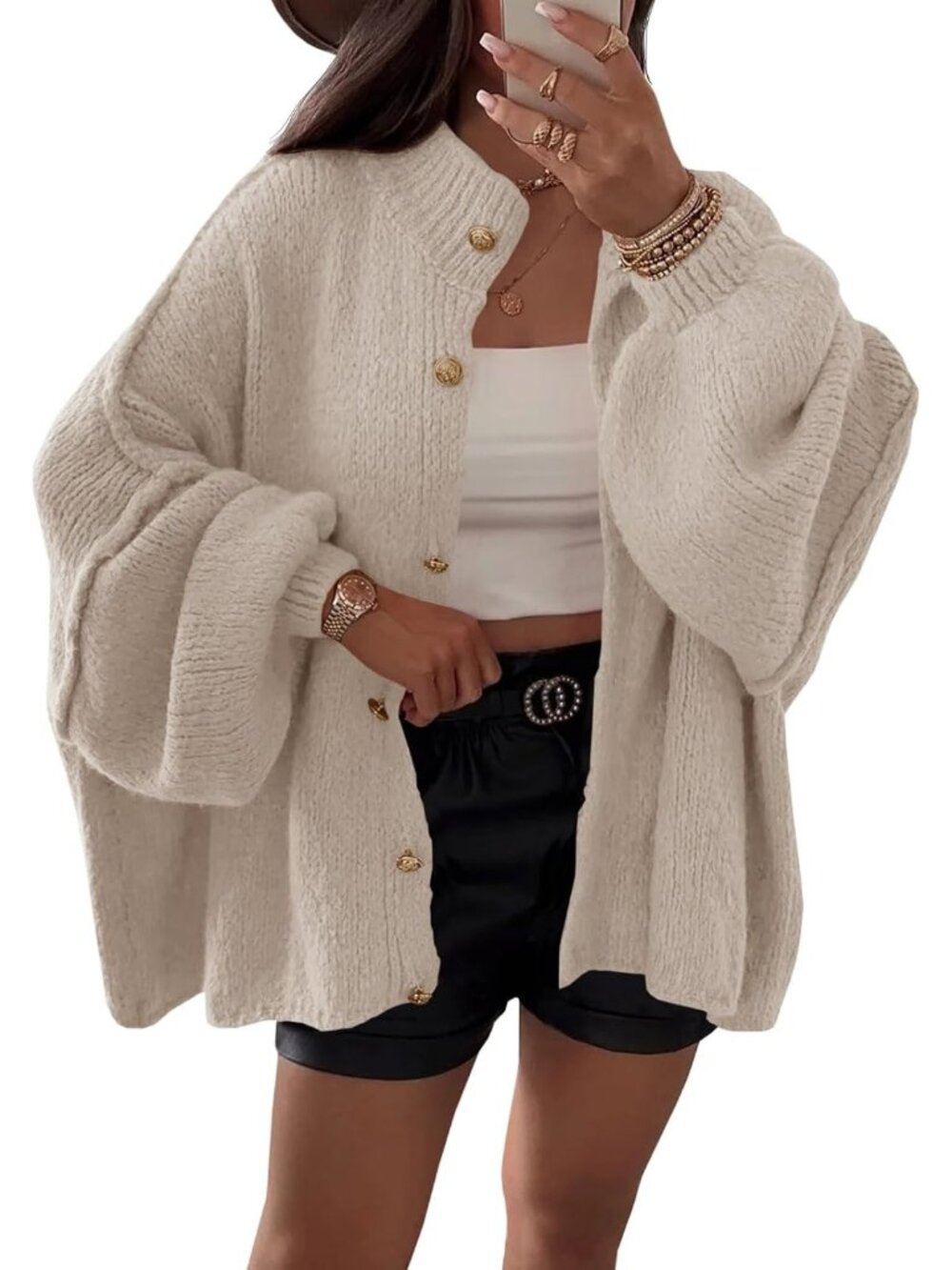 Women's Khaki Lantern Sleeve Button Down Casual Chunky Knit Cardigan Sweater